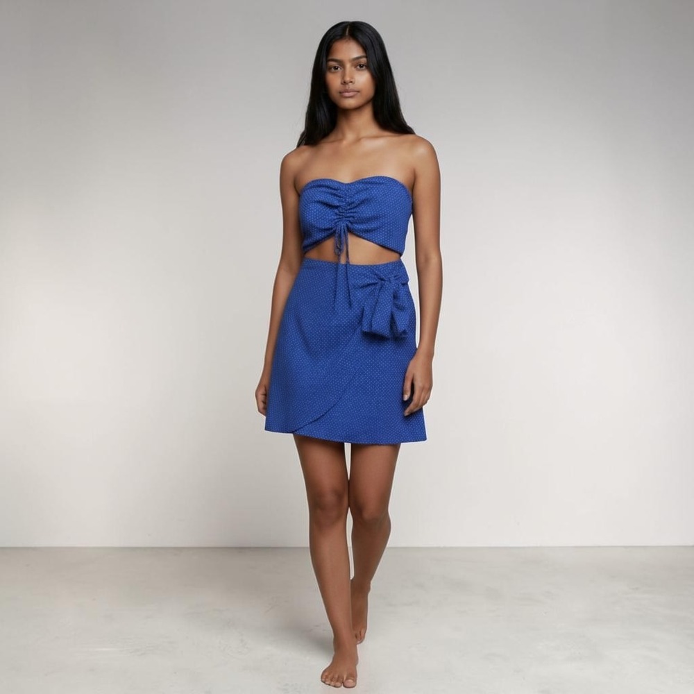 Lucy in the Sky Dress Womens XS Blue Polka Dot Mini Strapless Summer Feminine - Picture 1 of 5